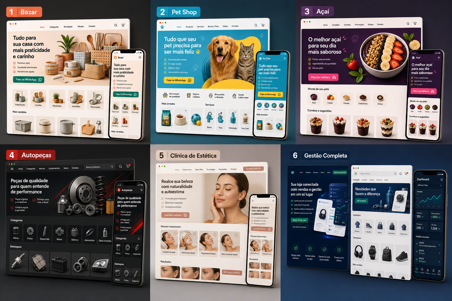Modelos ilustrativos de sites para bazar, pet shop, açaí, autopeças, clínica de estética e gestão completa
